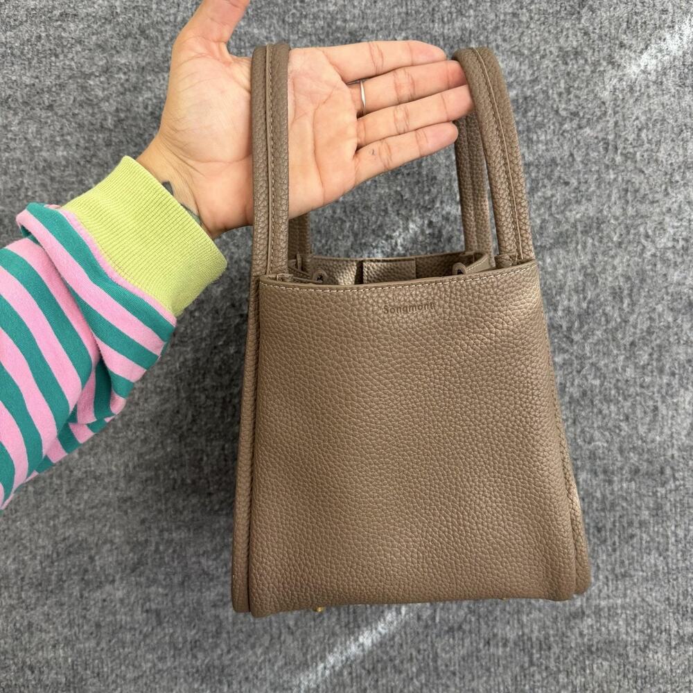 Songmont Mini Tote Bag in Taupe Pebbled Leather Top Handle Bucket Minimalist